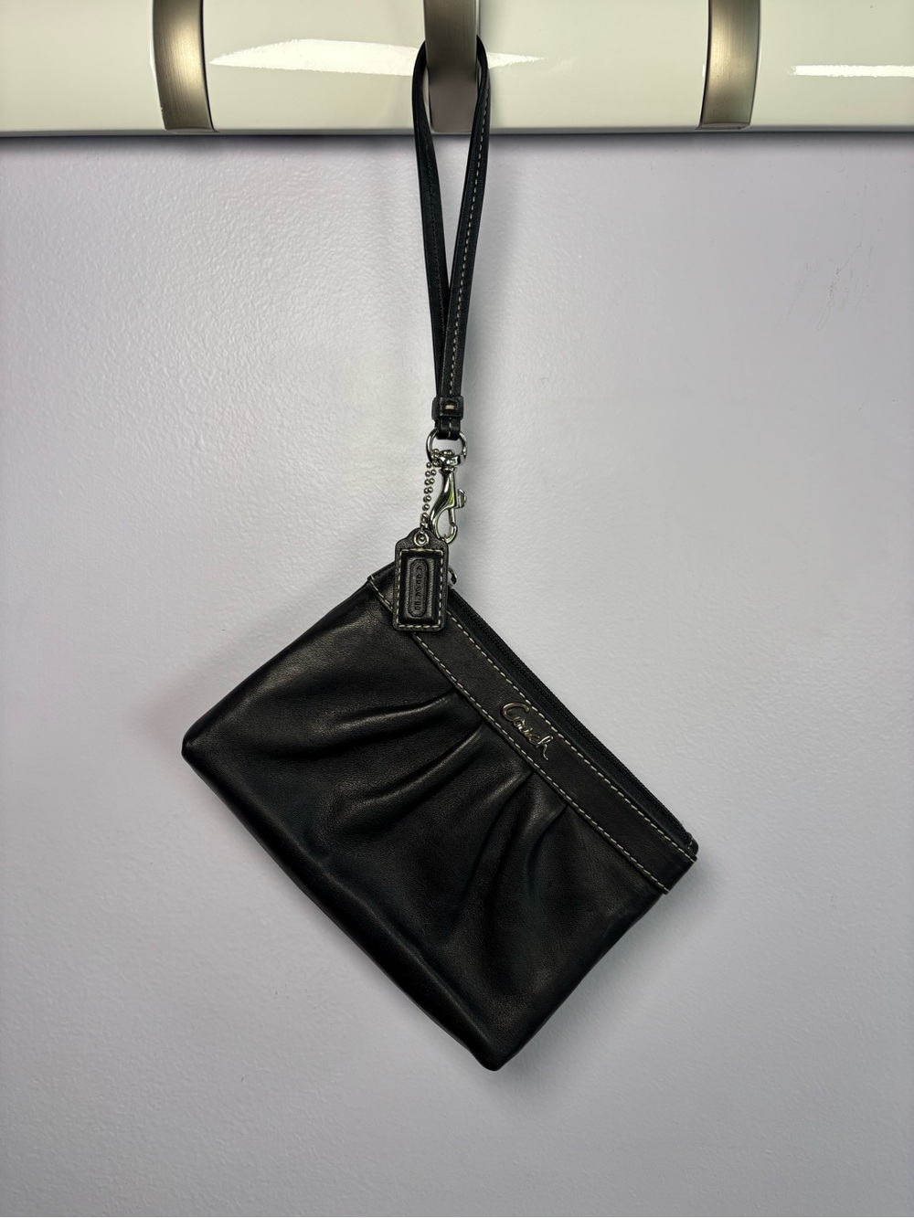 Coach Black Leather Wristlet Clutch with Logo Tag